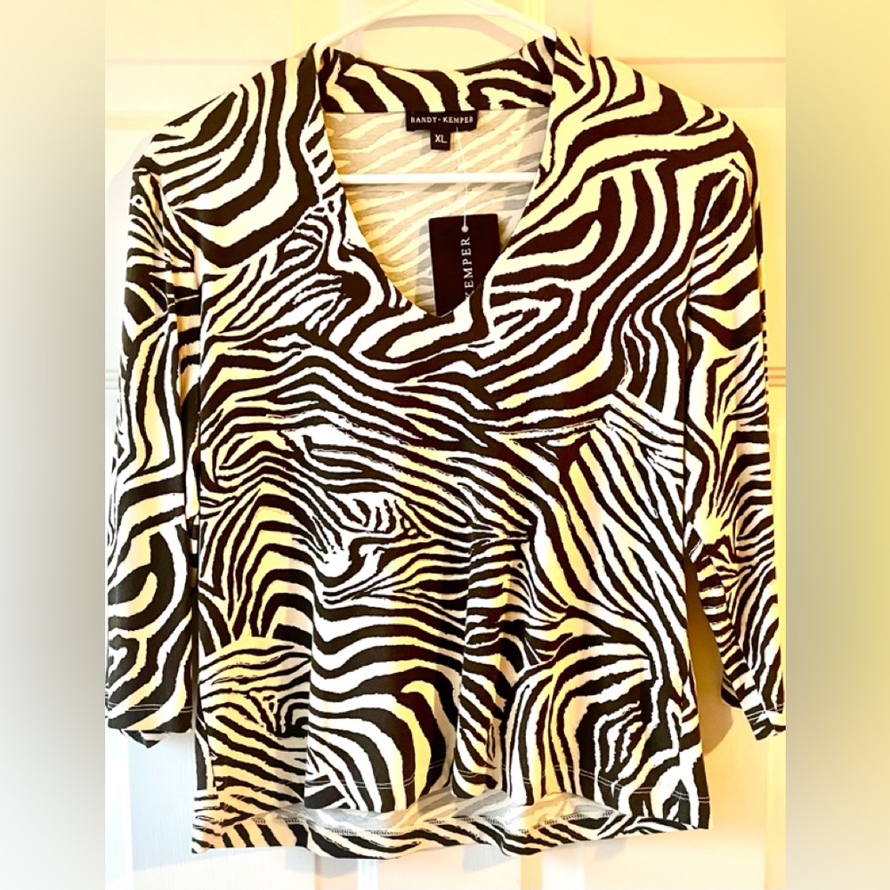 Randy Kemper Brown Cream Zebra Stripe Print Gold Glitter Stretch Knit Top XL NWT